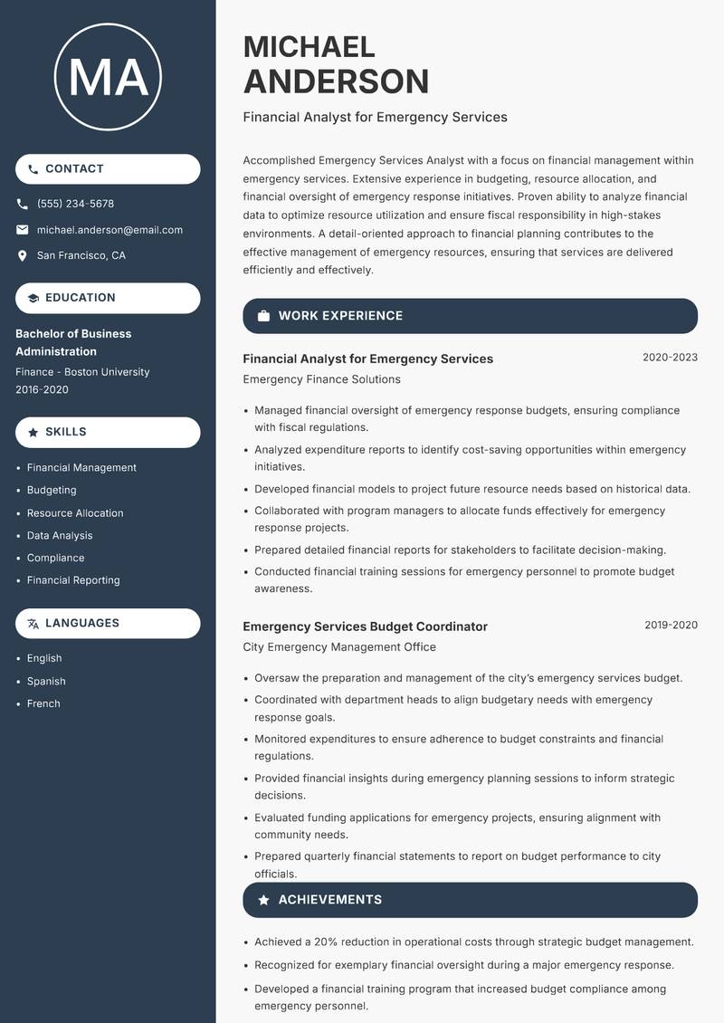Emergency Services Analyst resume template — Compact