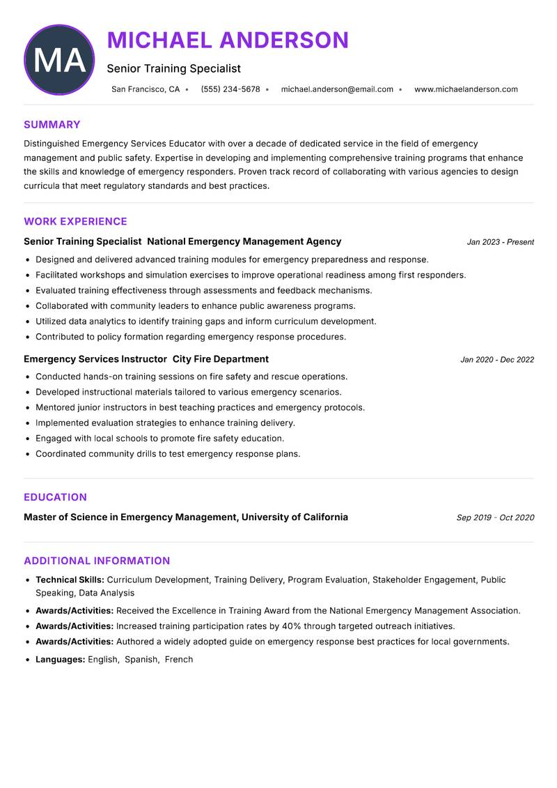 Emergency Services Educator resume example — ATS-friendly template
