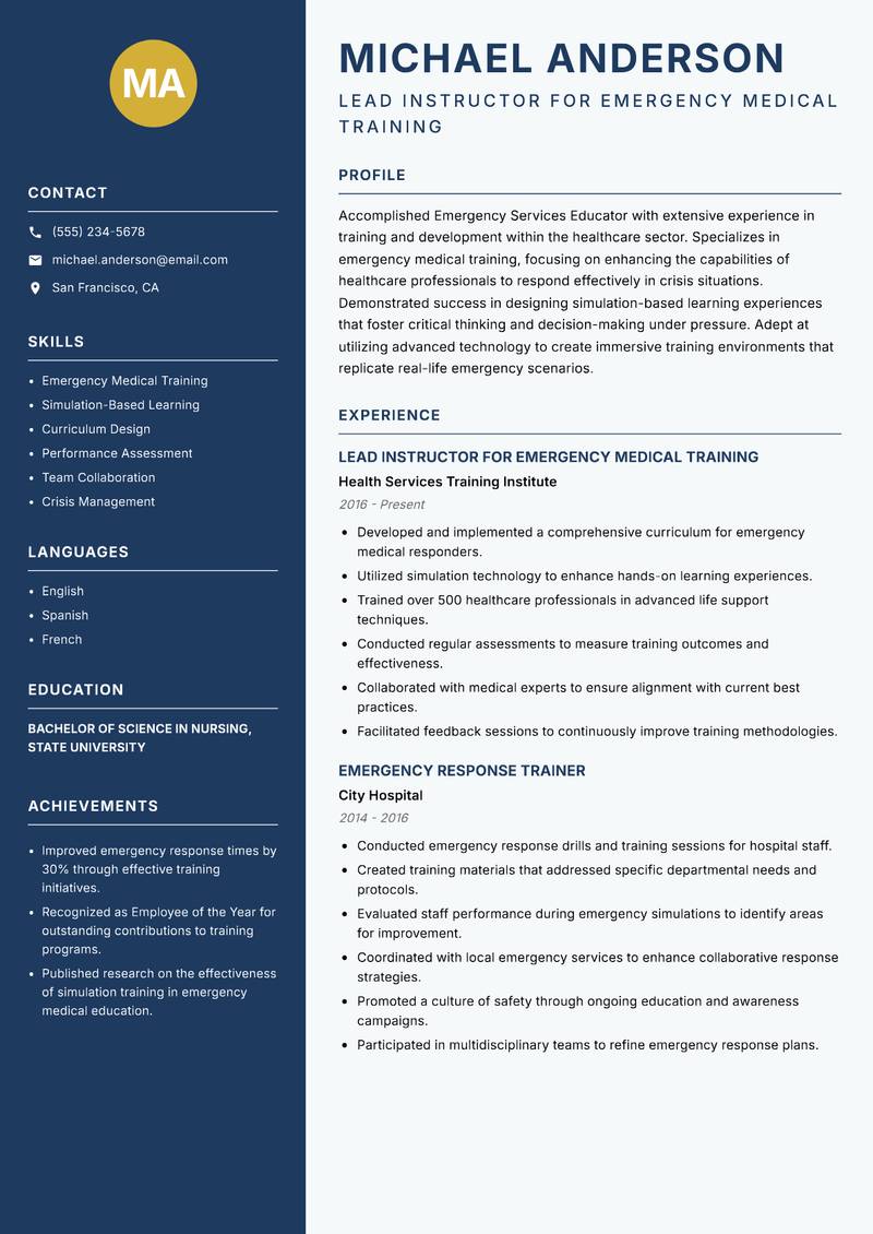 Emergency Services Educator resume template — Classic Clean