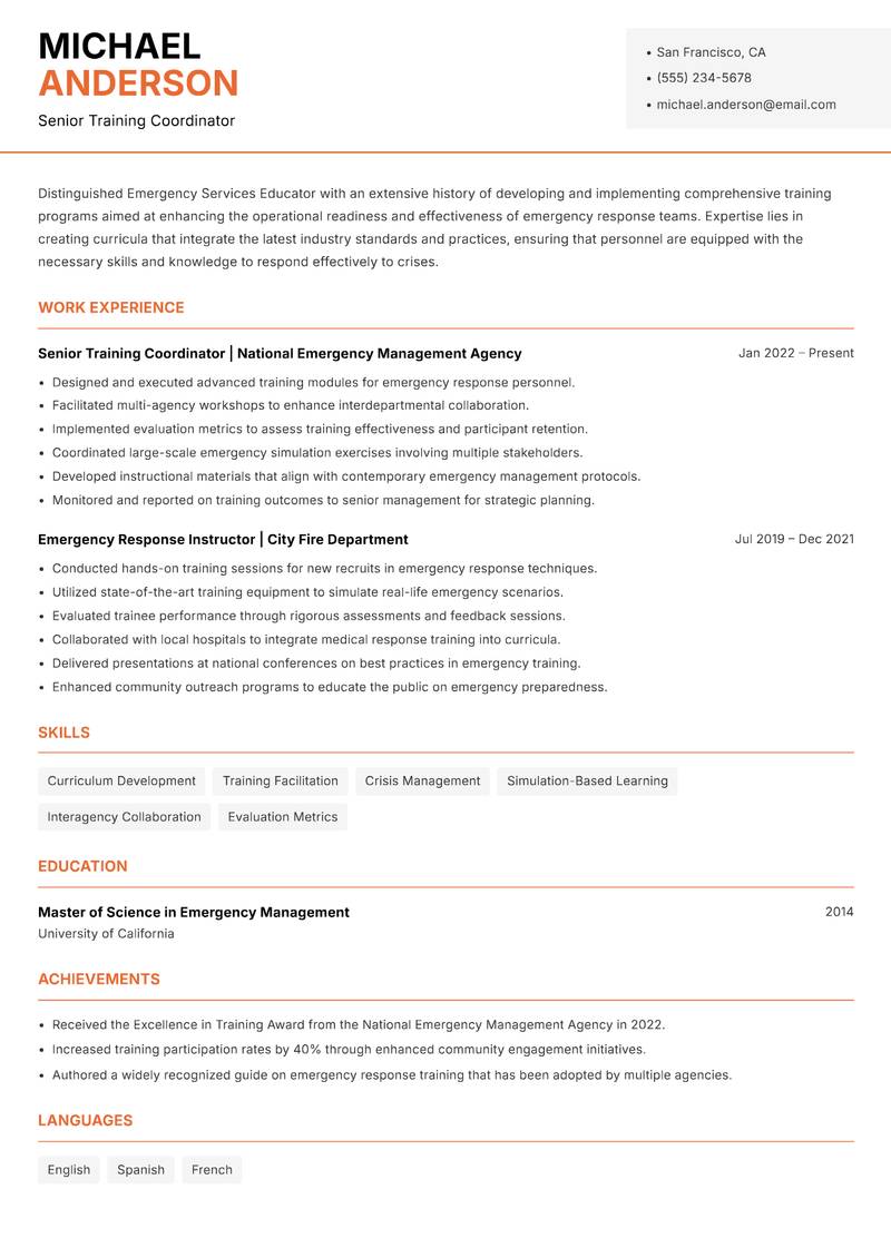Emergency Services Educator resume template — Modern Professional