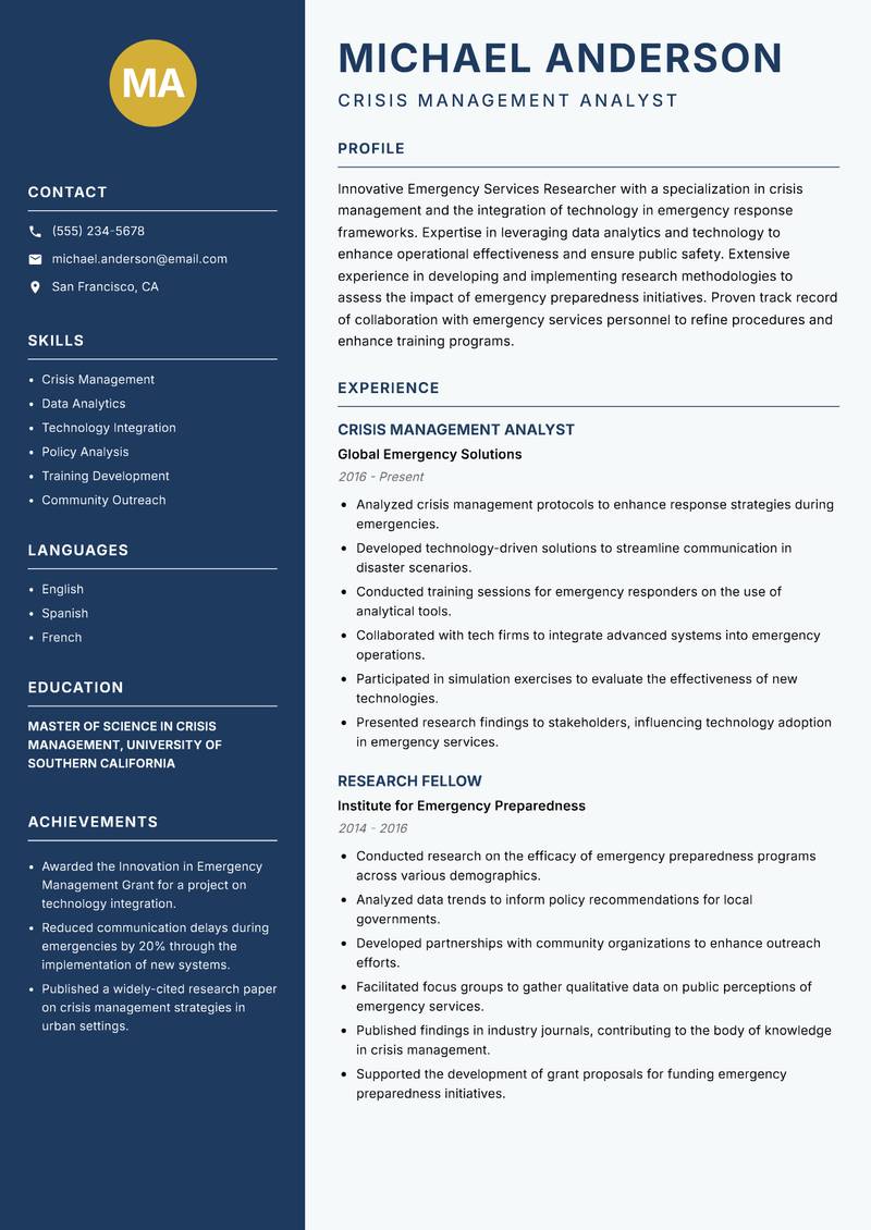 Emergency Services Researcher resume template — Classic Clean