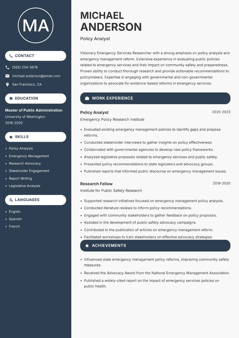 Emergency Services Researcher resume template — Compact