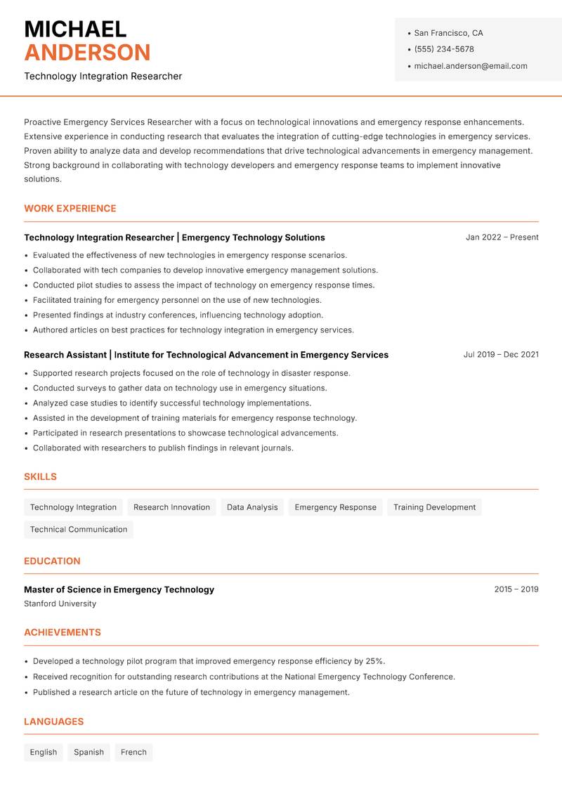 Emergency Services Researcher resume template — Modern Professional