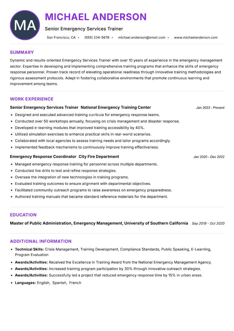 Emergency Services Trainer resume example — ATS-friendly template