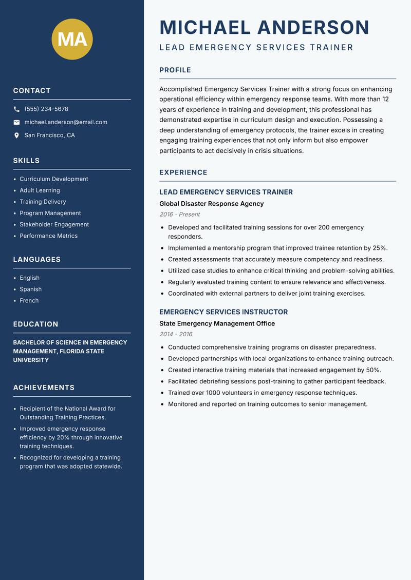 Emergency Services Trainer resume template — Classic Clean