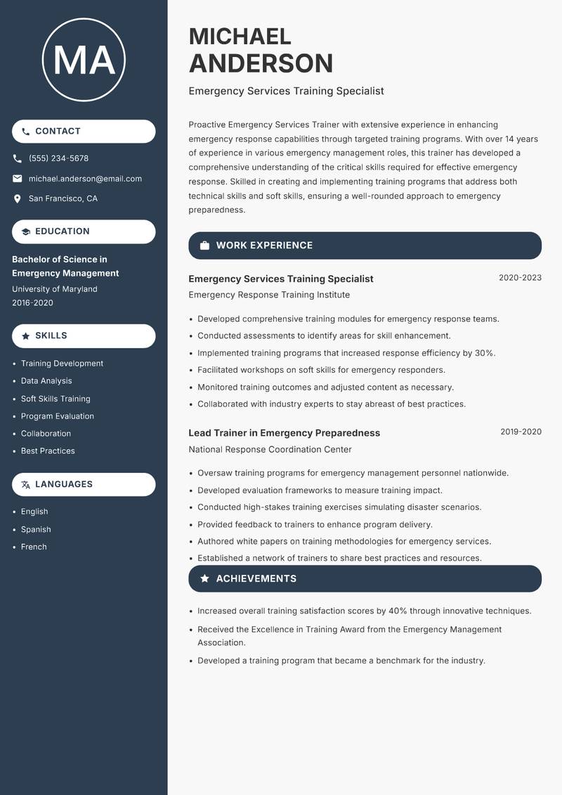 Emergency Services Trainer resume template — Compact