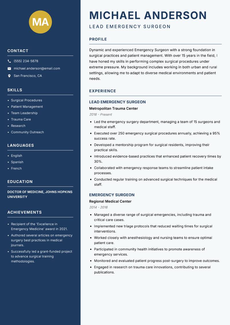Emergency Surgeon resume template — Classic Clean