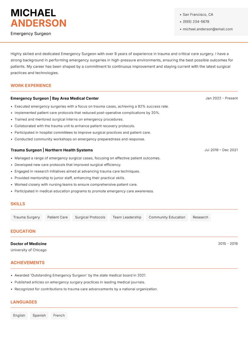 Emergency Surgeon resume template — Modern Professional