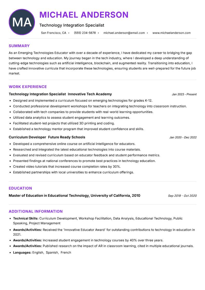 Emerging Technologies Educator resume example — ATS-friendly template
