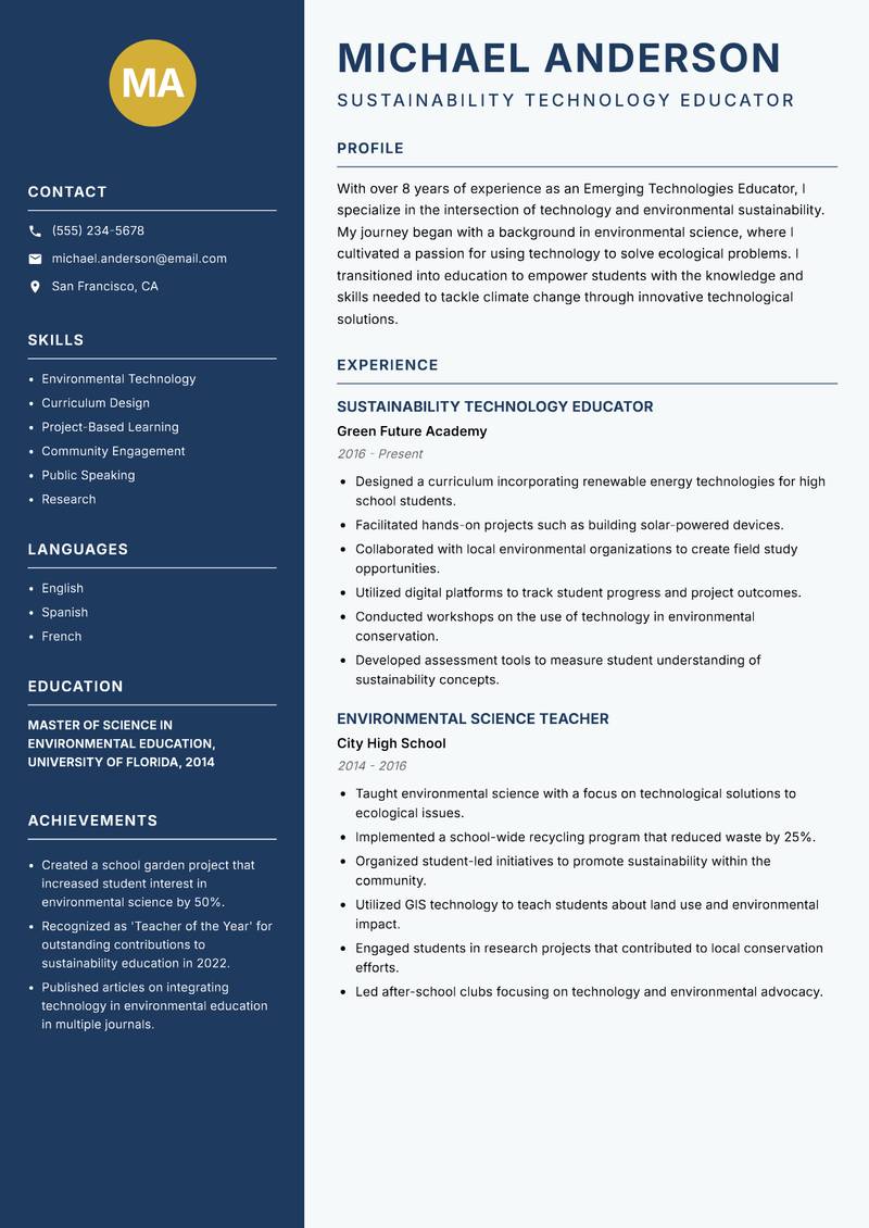 Emerging Technologies Educator resume template — Classic Clean