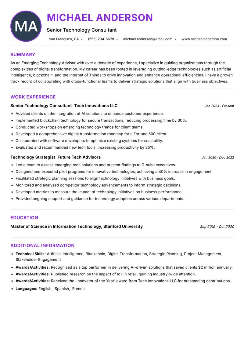 Emerging Technology Advisor resume example — ATS-friendly template