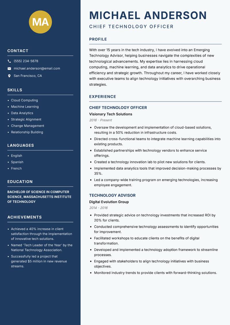 Emerging Technology Advisor resume template — Classic Clean