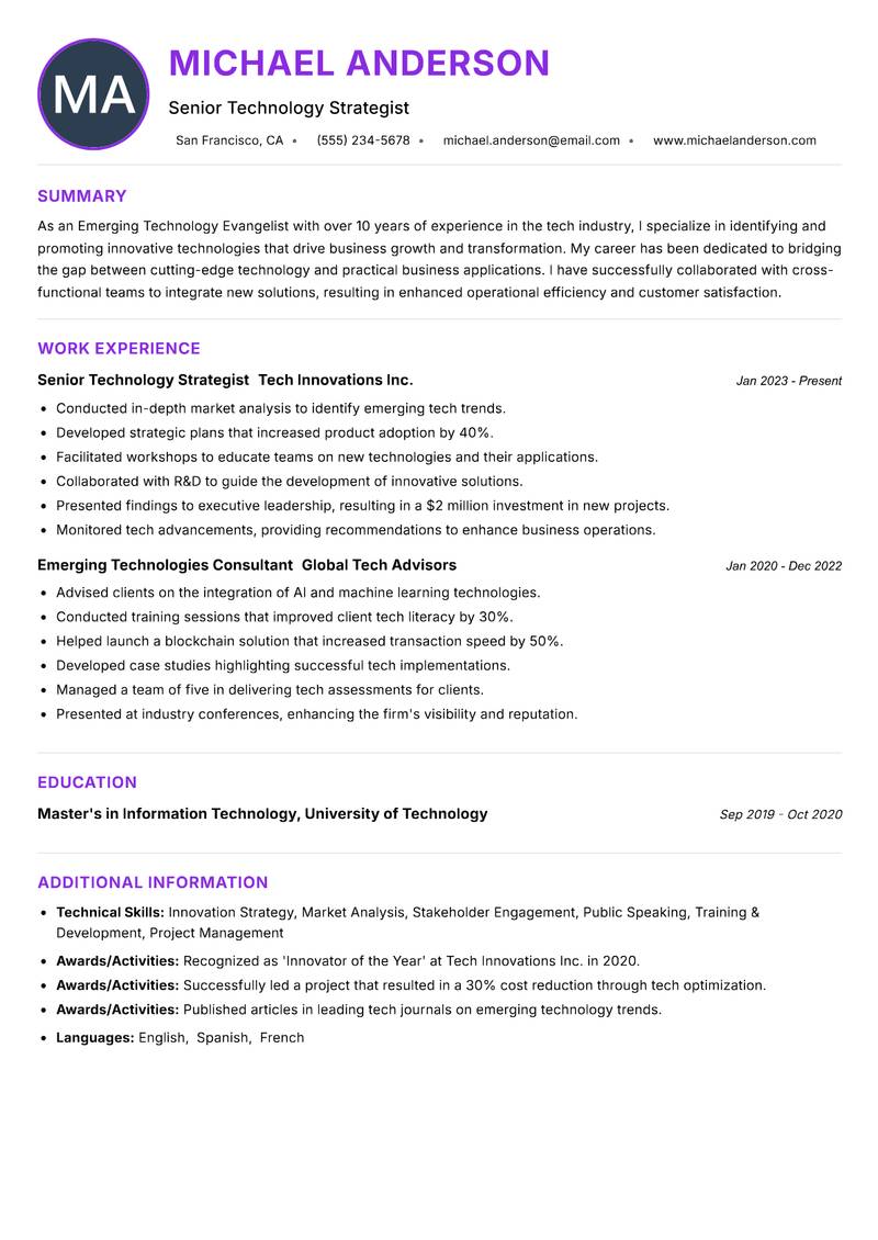 Emerging Technology Evangelist resume example — ATS-friendly template