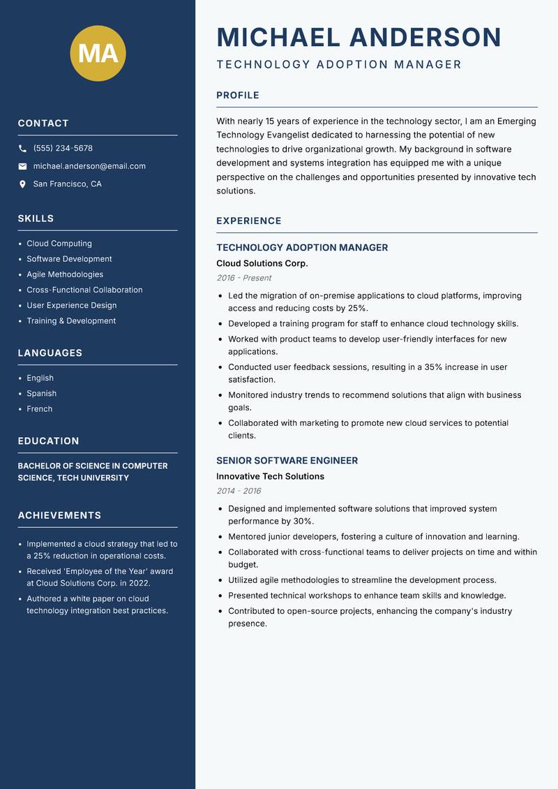 Emerging Technology Evangelist resume template — Classic Clean