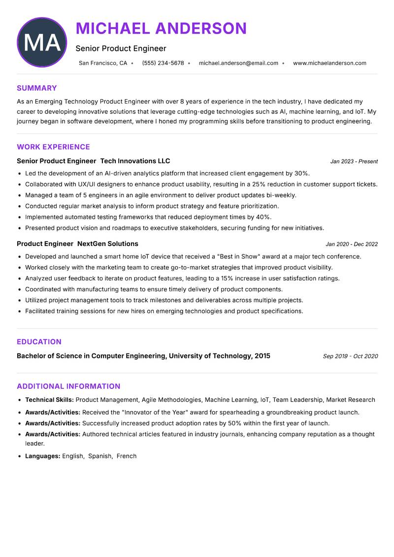 Emerging Technology Product Engineer resume example — ATS-friendly template