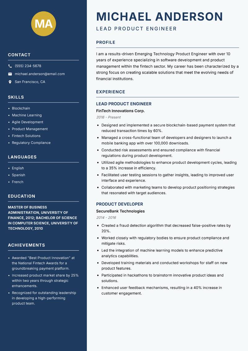 Emerging Technology Product Engineer resume template — Classic Clean