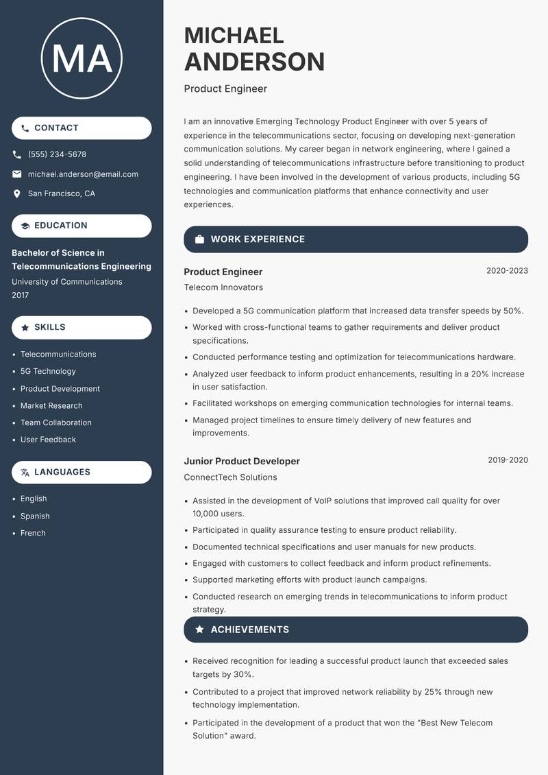Emerging Technology Product Engineer resume template — Compact
