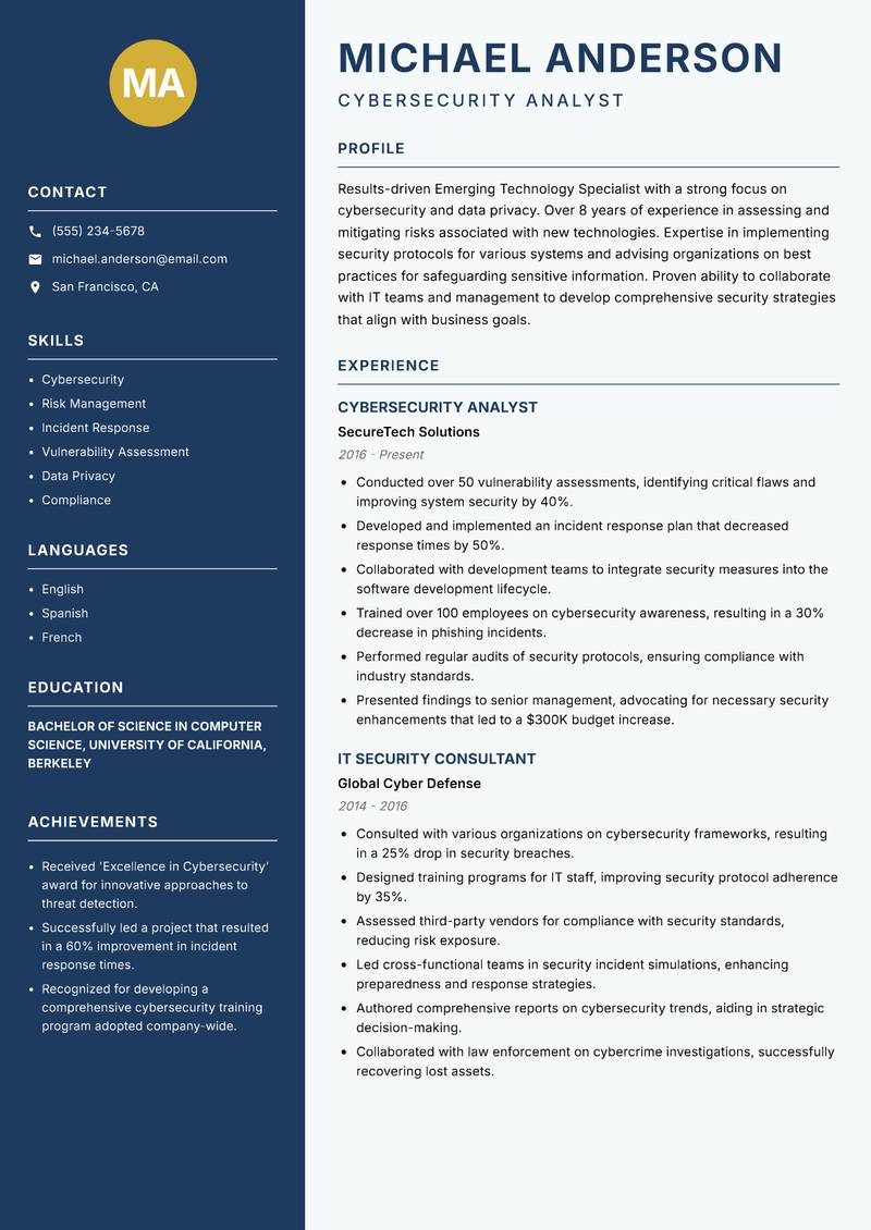 Emerging Technology Specialist resume template — Classic Clean