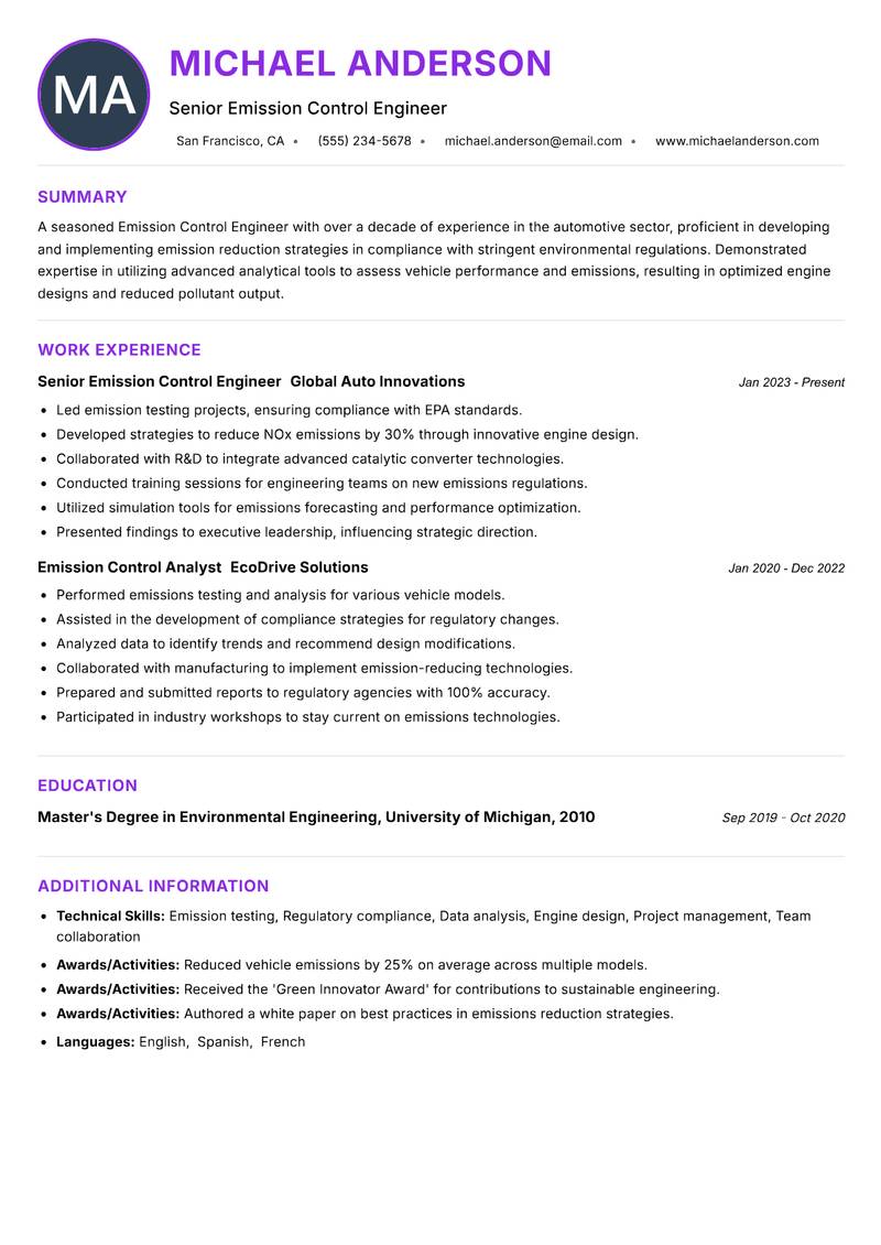 Emission Control Engineer resume example — ATS-friendly template