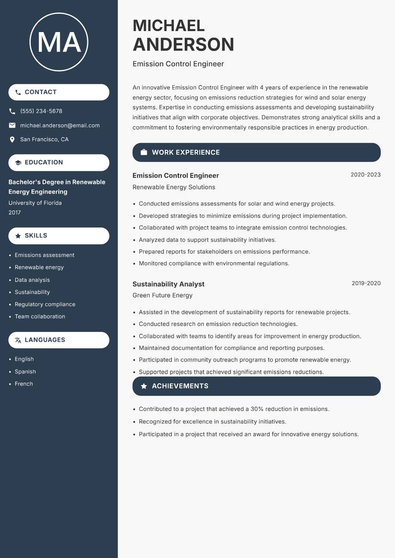 Emission Control Engineer resume template — Compact