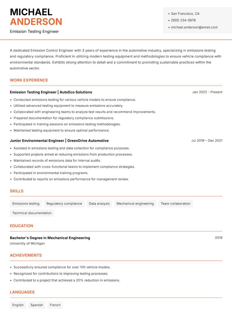 Emission Control Engineer resume template — Modern Professional