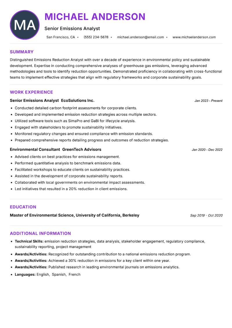 Emissions Reduction Analyst resume example — ATS-friendly template