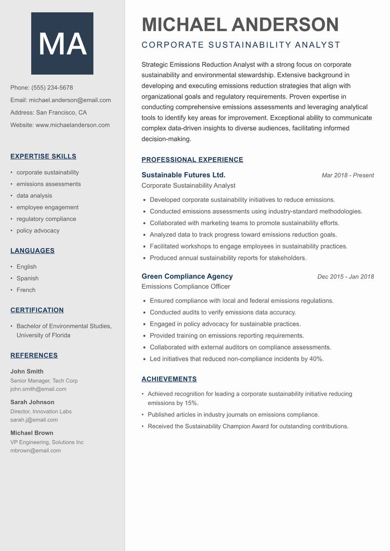 Emissions Reduction Analyst resume template — Creative Minimal