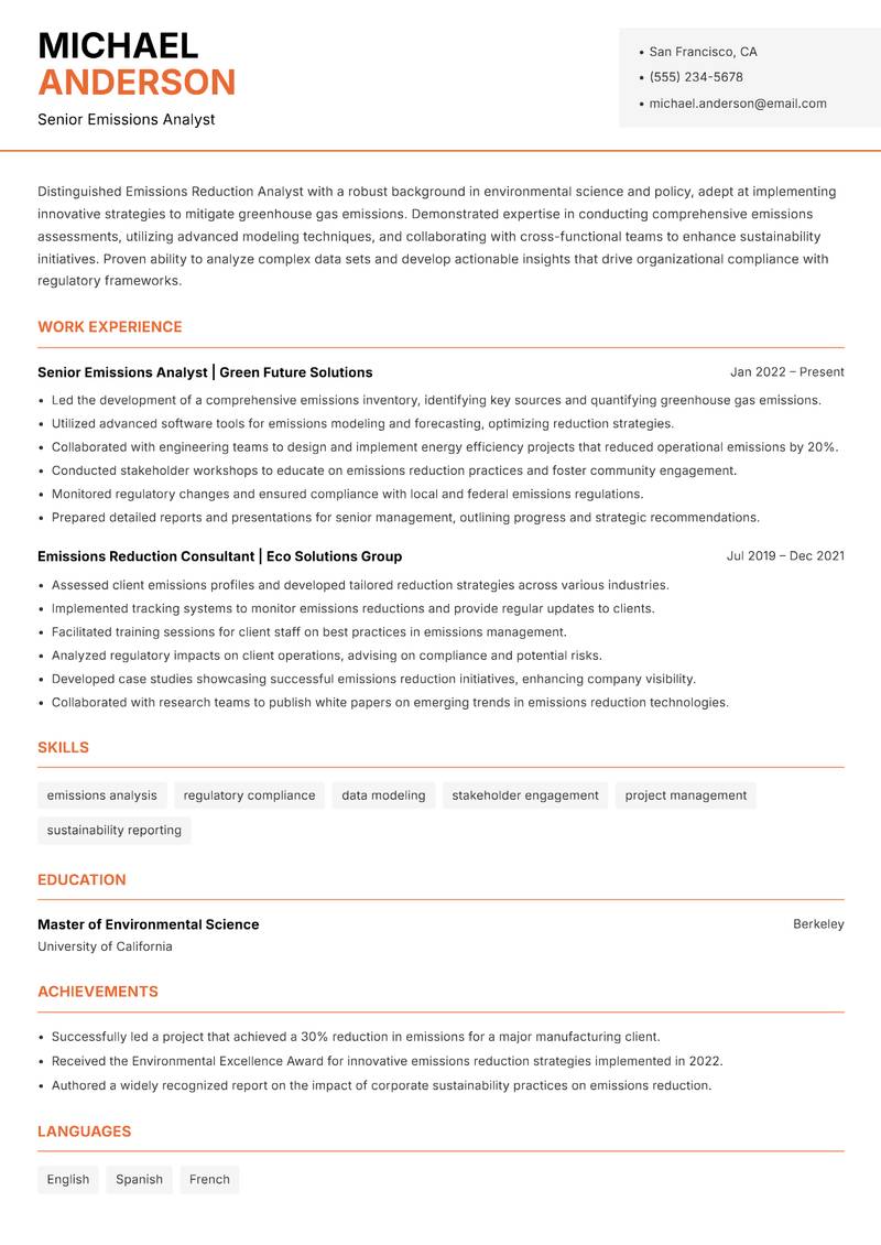 Emissions Reduction Analyst resume template — Modern Professional