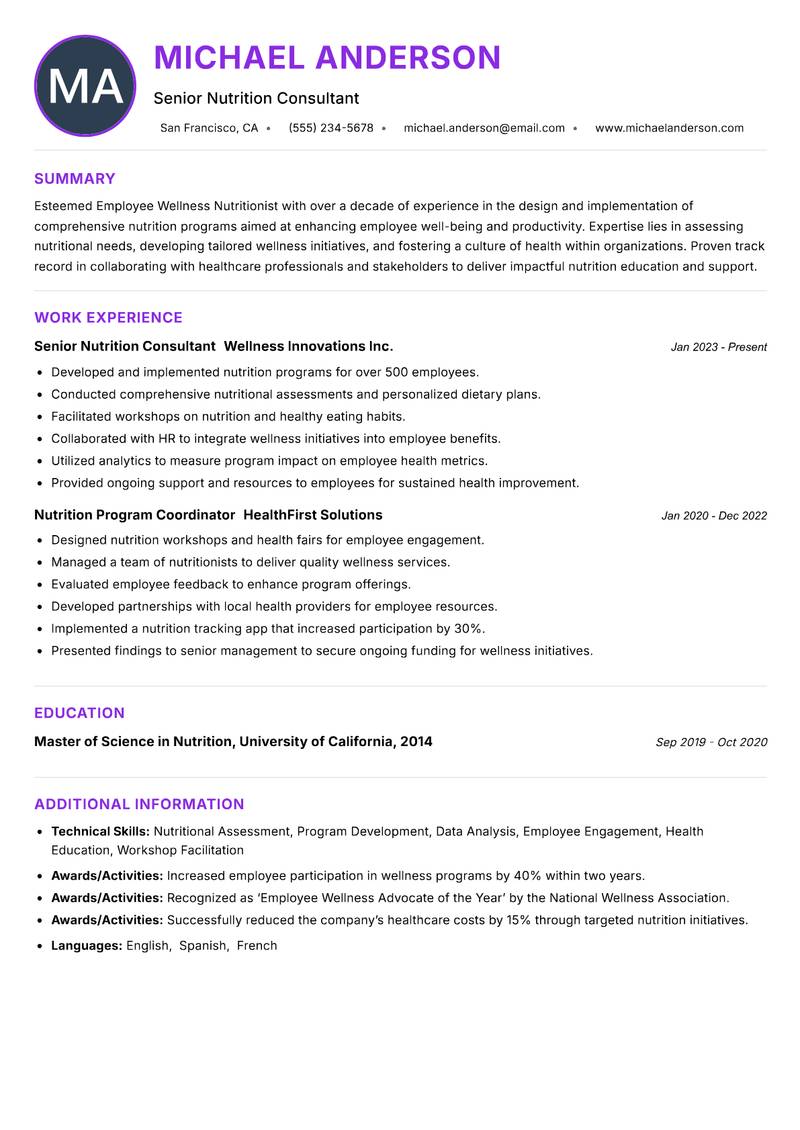Employee Wellness Nutritionist resume example — ATS-friendly template
