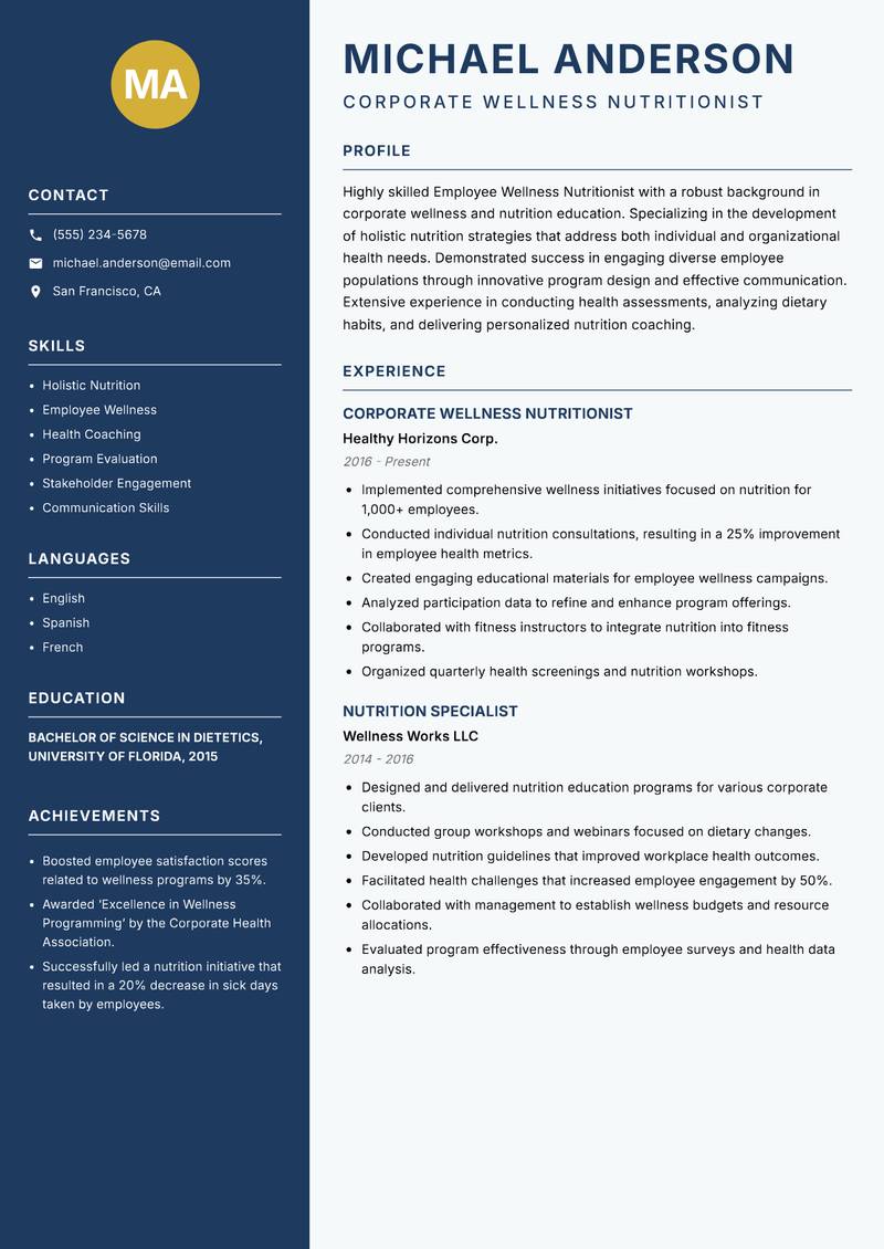 Employee Wellness Nutritionist resume template — Classic Clean