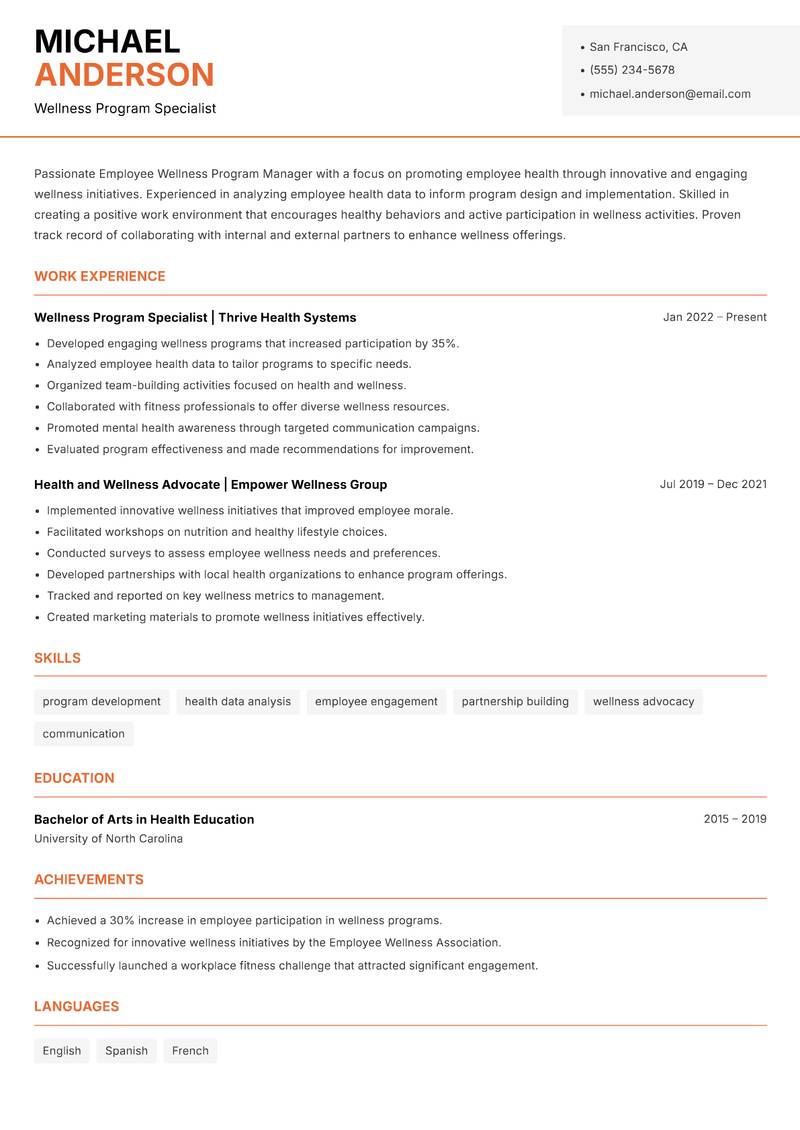 Employee Wellness Program Manager resume template — Modern Professional