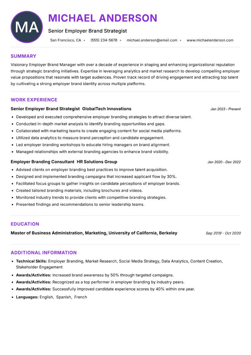 Employer Brand Manager resume example — ATS-friendly template
