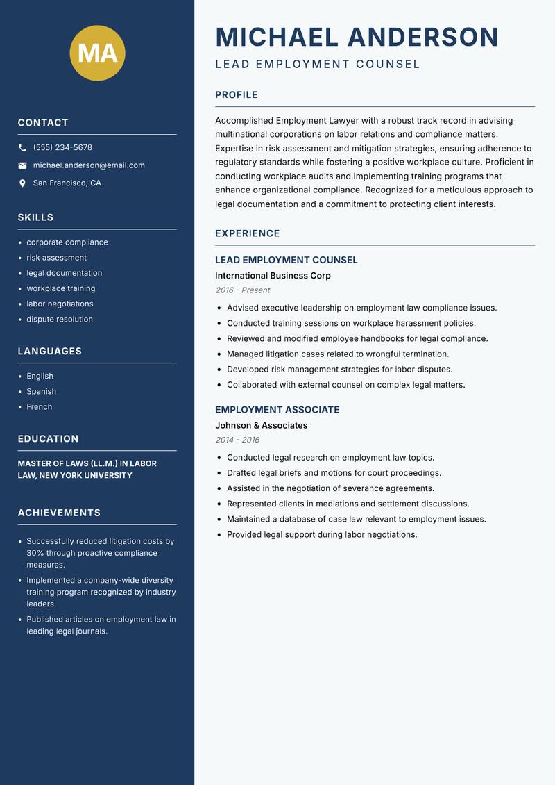 Employment Lawyer resume template — Classic Clean