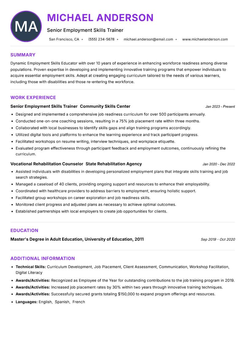 Employment Skills Educator resume example — ATS-friendly template
