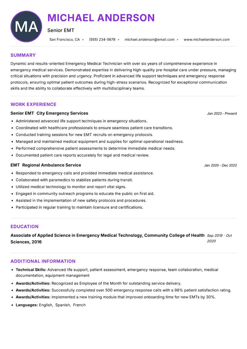 EMT resume example — ATS-friendly template