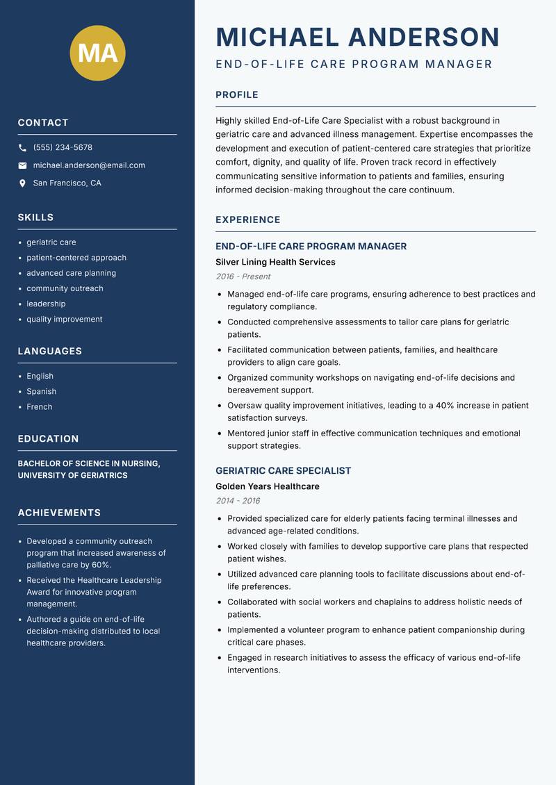 End-of-Life Care Specialist resume template — Classic Clean