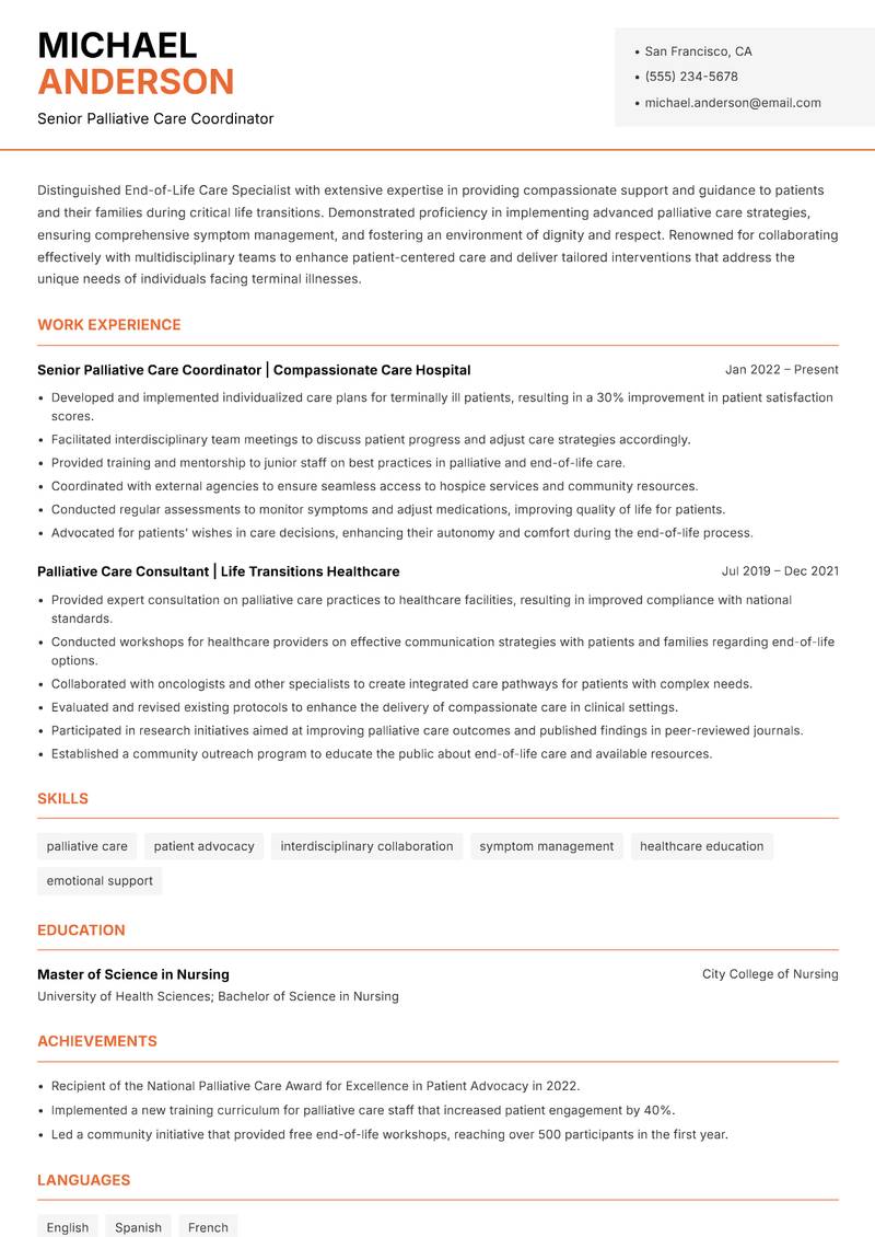 End-of-Life Care Specialist resume template — Modern Professional