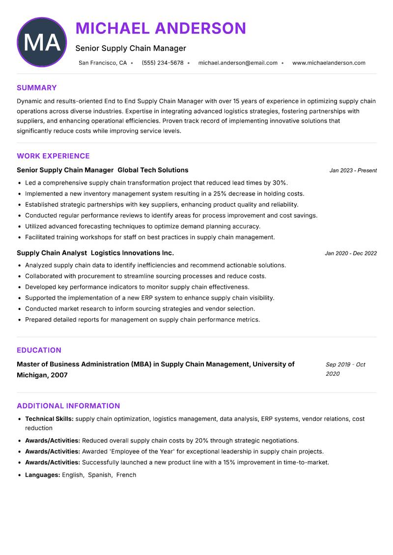 End to End Supply Chain Manager resume example — ATS-friendly template
