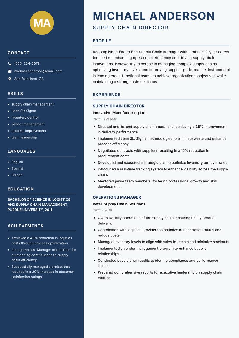 End to End Supply Chain Manager resume template — Classic Clean