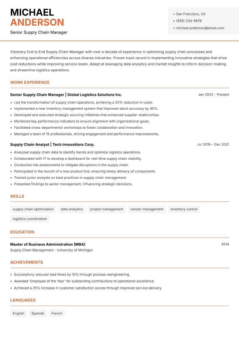 End to End Supply Chain Manager resume template — Modern Professional