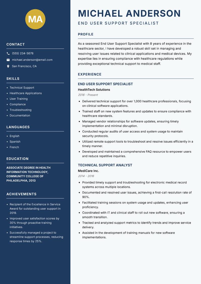 End User Support Specialist resume template — Classic Clean