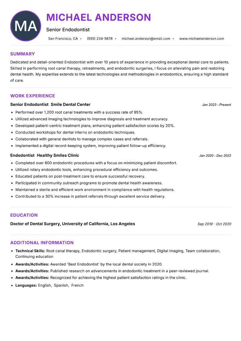 Endodontist resume example — ATS-friendly template