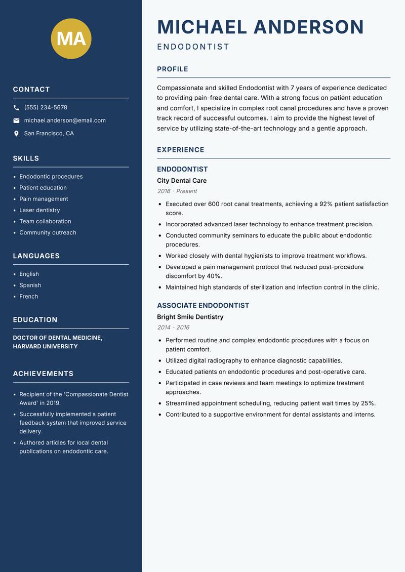 Endodontist resume template — Classic Clean