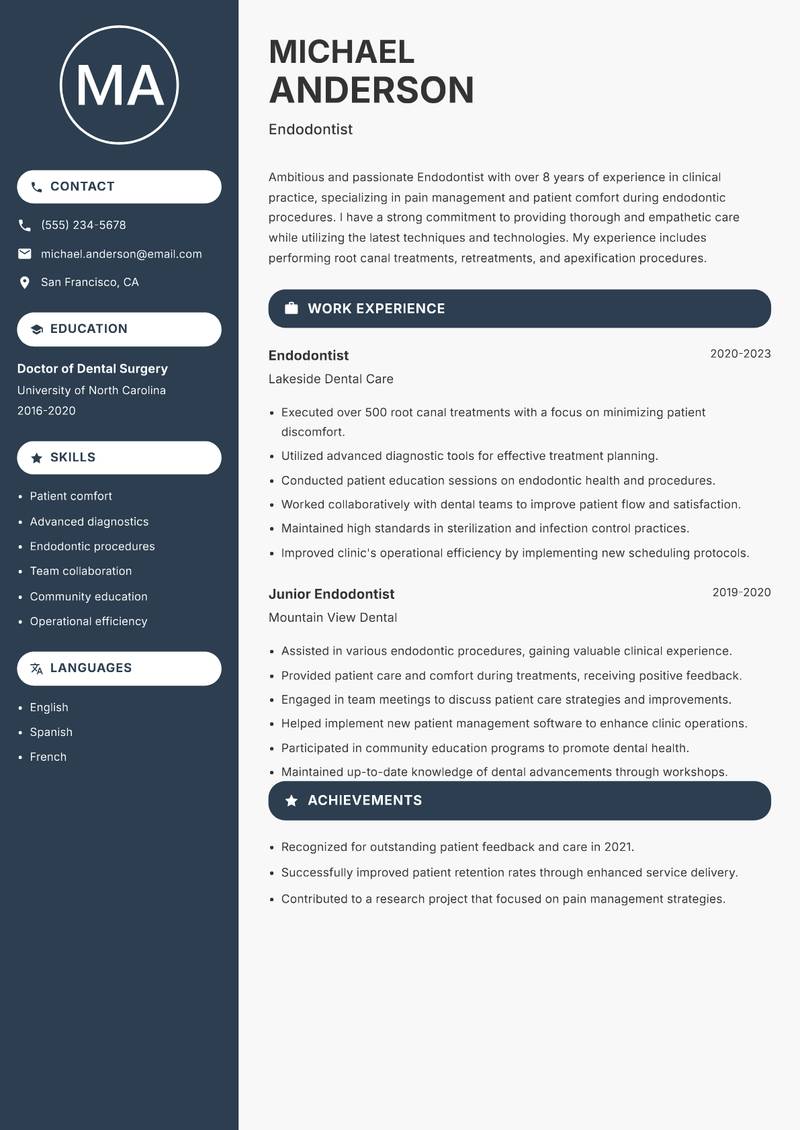 Endodontist resume template — Compact