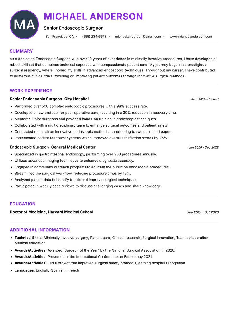 Endoscopic Surgeon resume example — ATS-friendly template