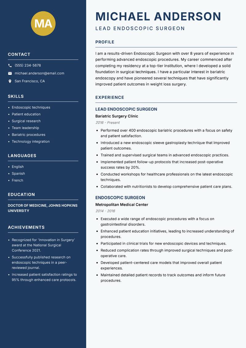 Endoscopic Surgeon resume template — Classic Clean