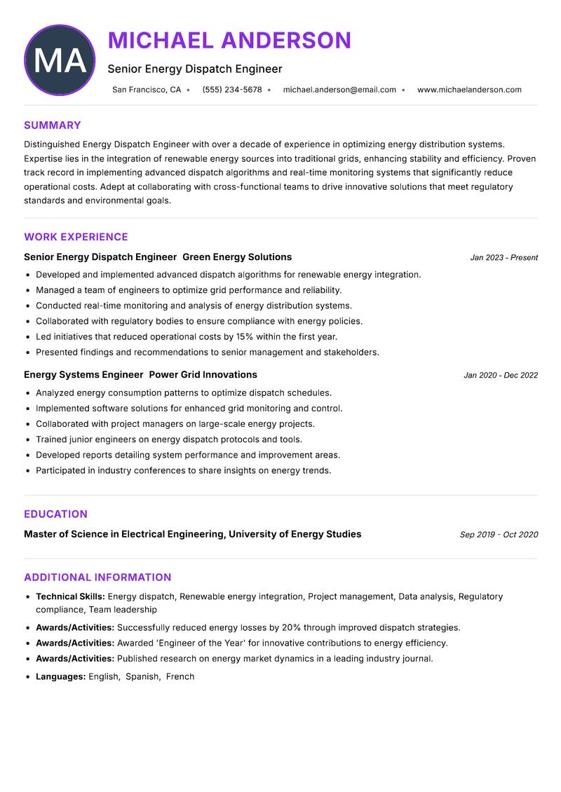 Energy Dispatch Engineer resume example — ATS-friendly template