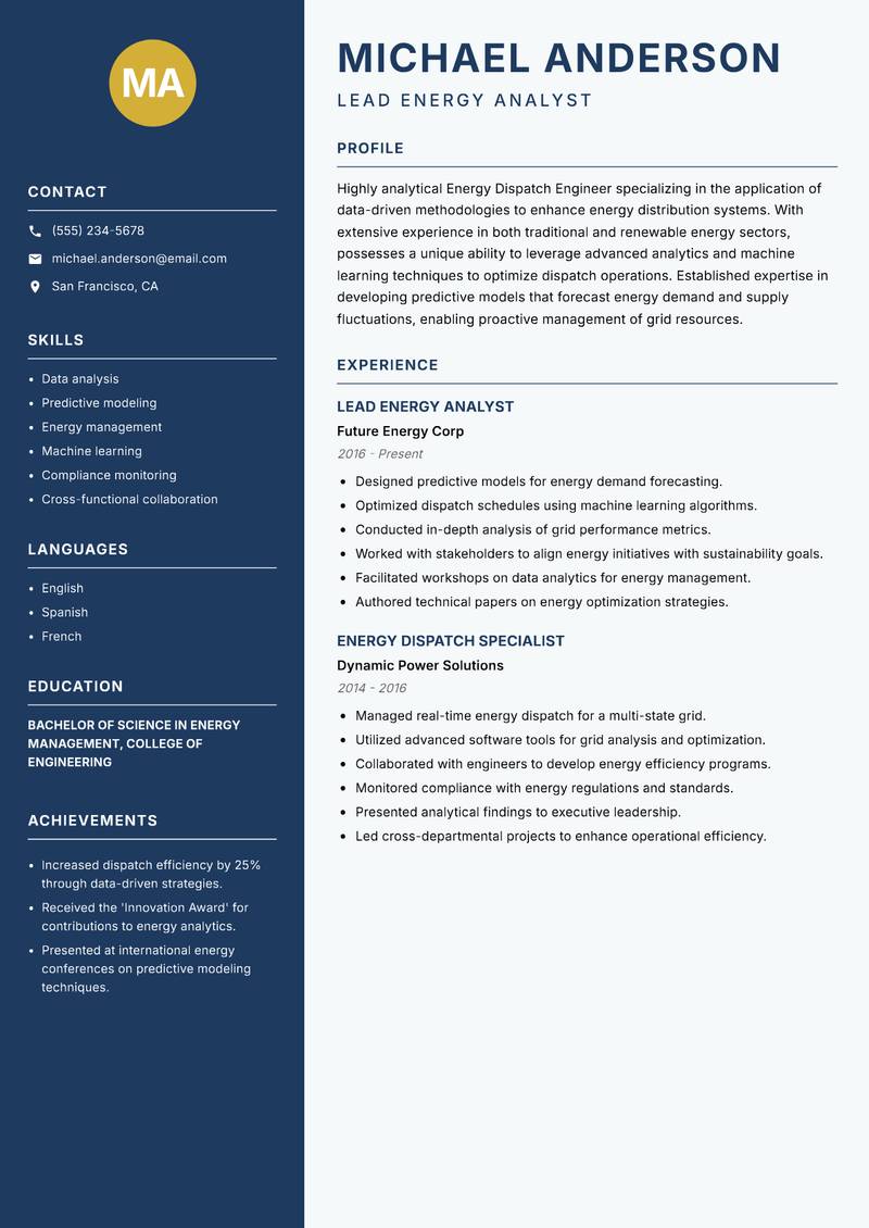Energy Dispatch Engineer resume template — Classic Clean