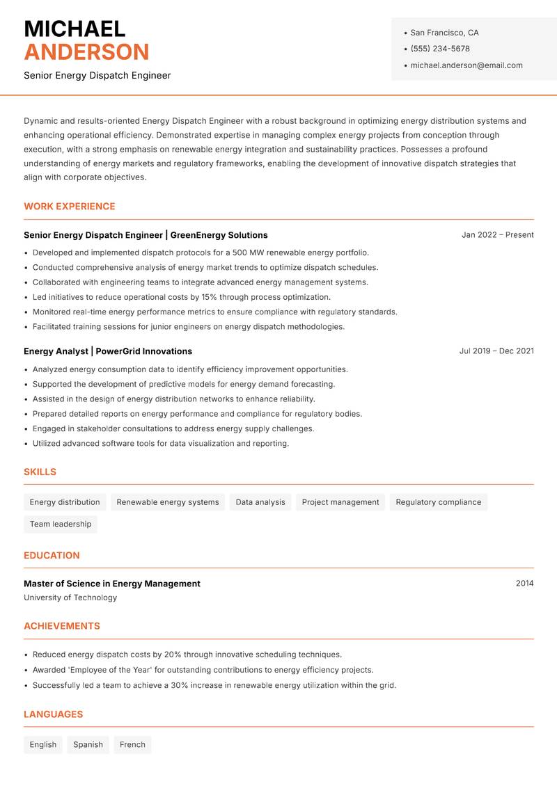 Energy Dispatch Engineer resume template — Modern Professional