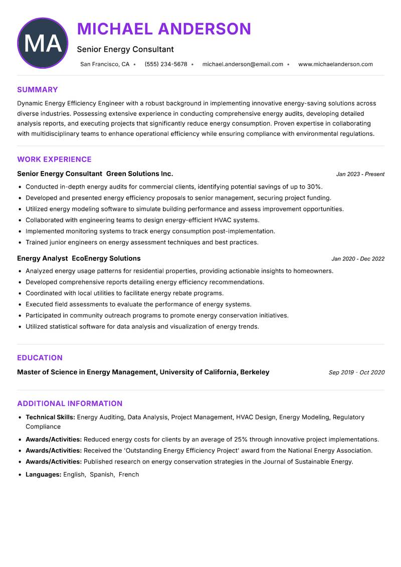 Energy Efficiency Engineer resume example — ATS-friendly template
